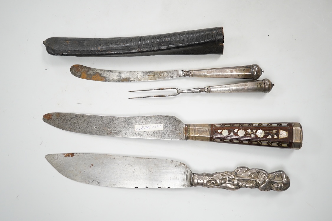 Three 17th / 18th century steel bladed knives, one in a leather sheath with matching fork. Longest 24cm.